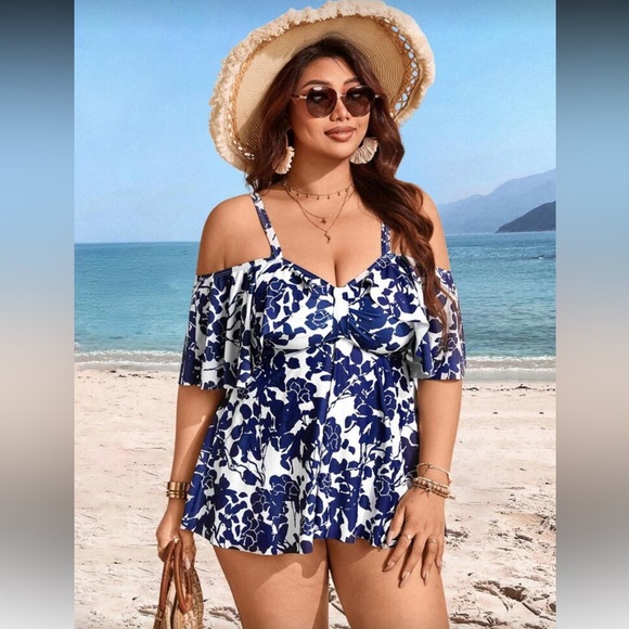 Floral Off-Shoulder Blue and White Women's Swimsuit - Picture 6 of 7